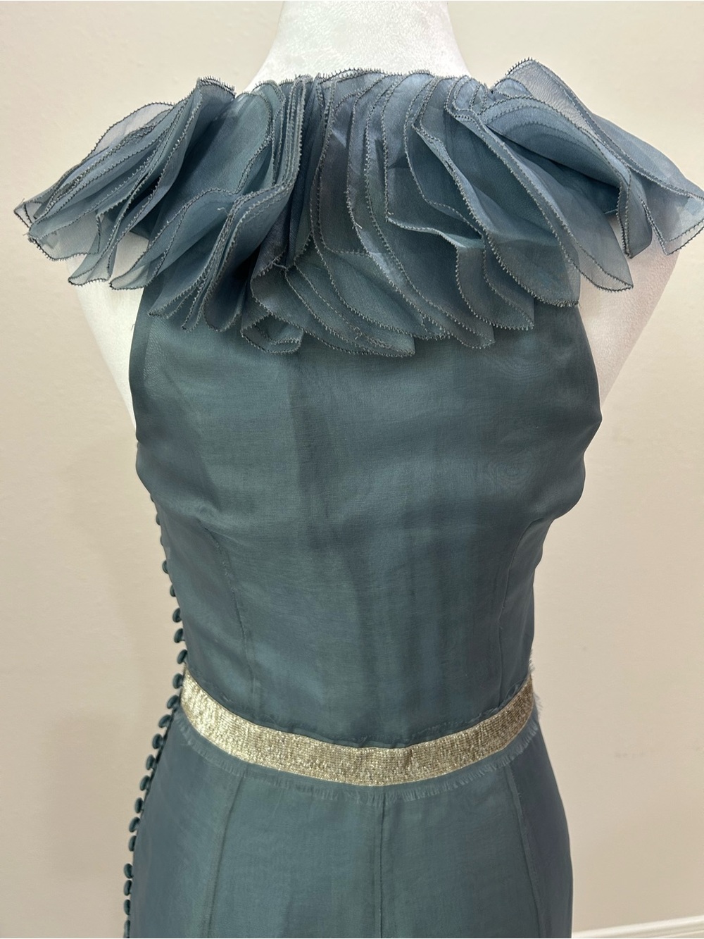 Lela Rose Slate Blue Evening Gown with Ruffled V-Neck, 100% Silk Organza Dress - Picture 11 of 15